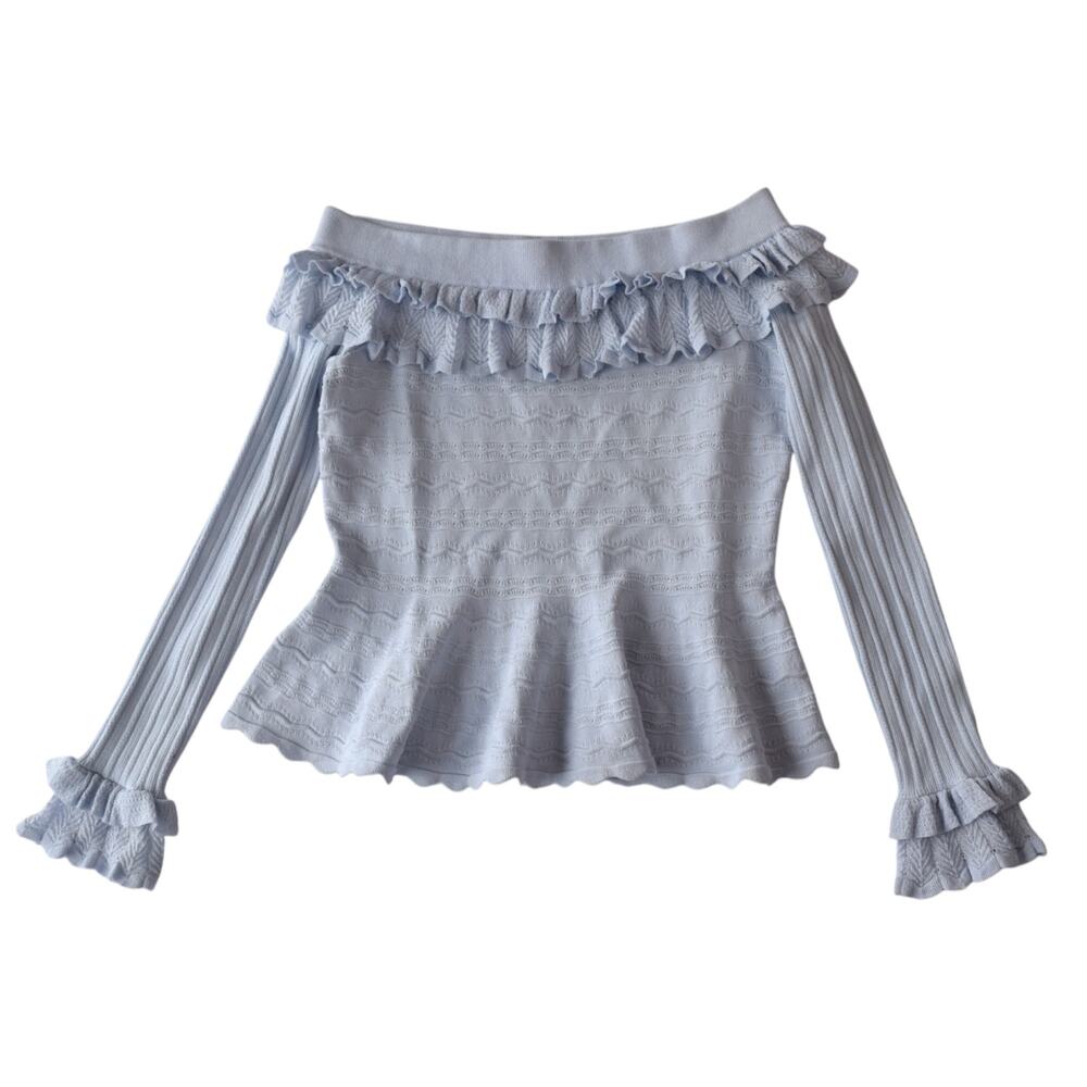 Jonathan Simkhai Pastel Blue Off-The-Shoulder Ruffle Peplum Knit Top - Medium